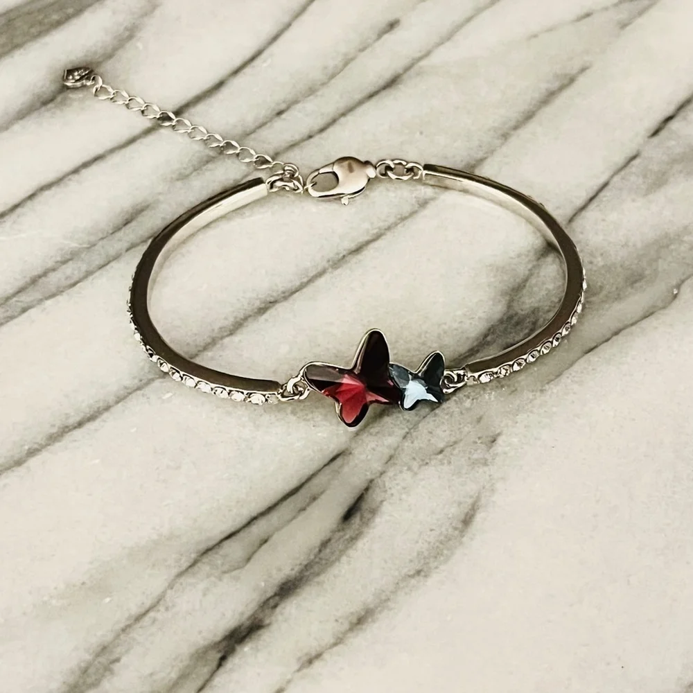 Crystal Butterfly Bracelet Blue Purple Pink Bangle Rhodium Plated Hypoallergenic